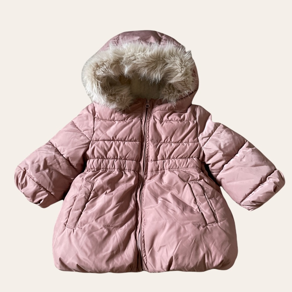 Baby Gap Toddler Girl 12M 18M Hooded Puffer Bubble Jacket Rose Dusty Pink Fur